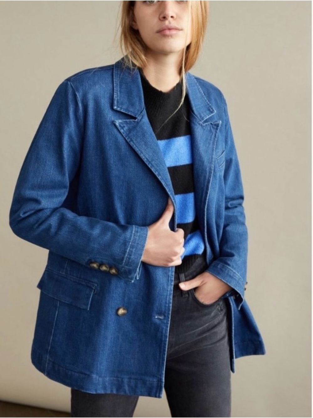 Anthropologie Double-Breasted Blue Denim Blazer